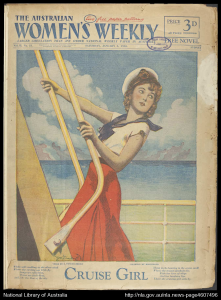 Girl in sailor suit, on a ship. Poem is below the picture