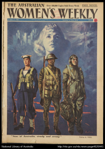 Three servicemen and woman in background